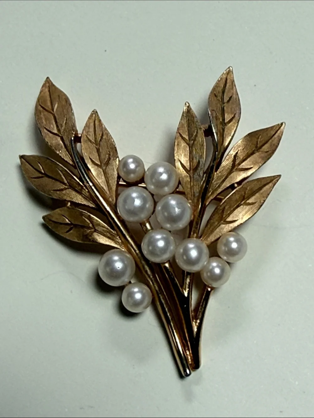Vintage Crown Trifari Goldtone and Faux Pearl Leaf Brooch
